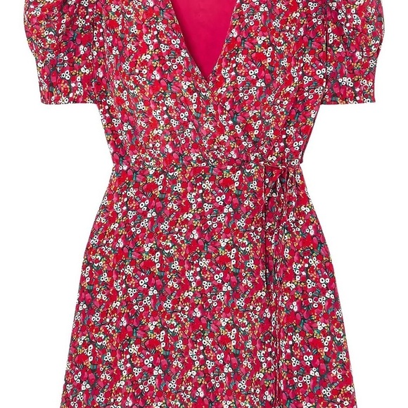 SALONI / Lea Silk Puff Sleeve A-Line wrap mini floral poppy pink Silk Dress 12 - Picture 7 of 11